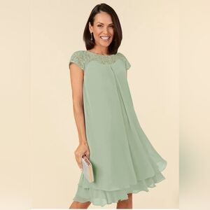 Azazie Tess Empire Sequins Chiffon Knee-Length Dress Dusty Sage A14